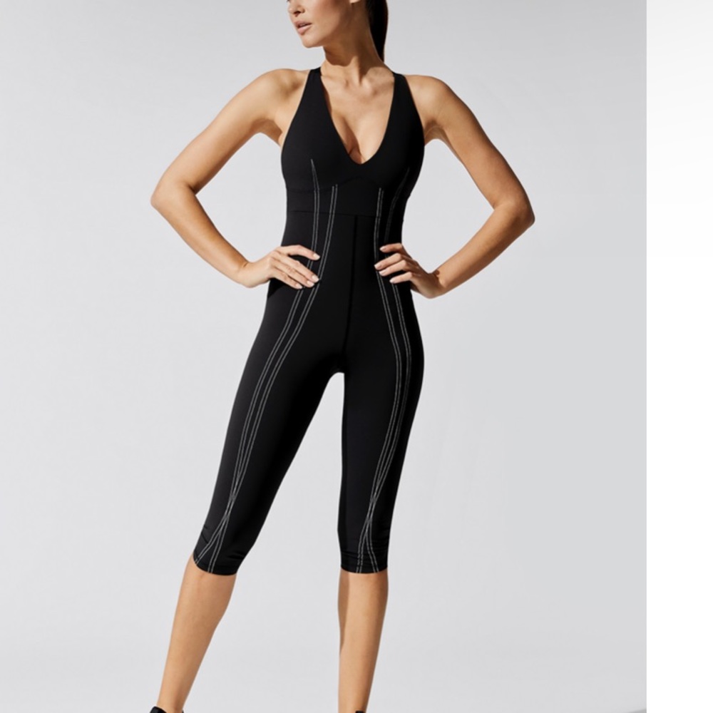 Carbon38 Black Sculpting V-Neck Jumpsuit with Contrast Stitching